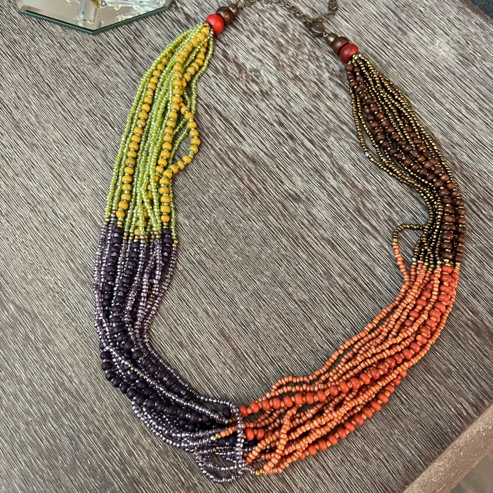 Colorful Beaded Necklace ( Green, Purple, Orange and Brown) Multi Strand.